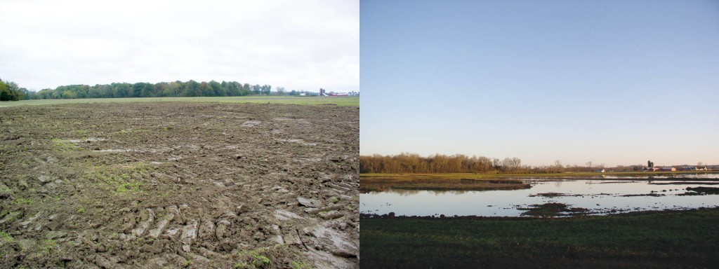 Taylor’s farm after excavation to create a pool area; right: after flooding.