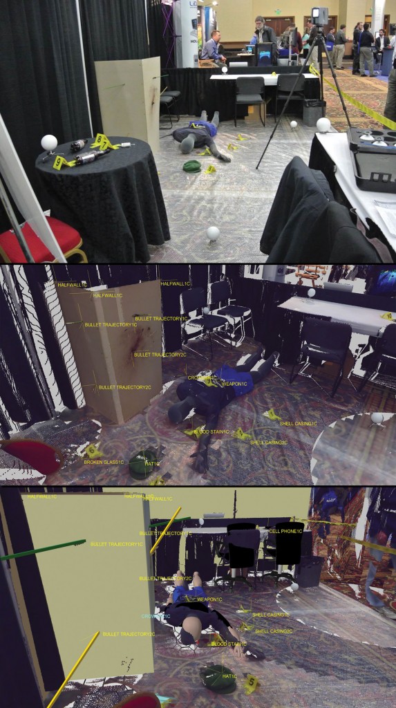 This scene was created at a  trade show (in Trimble’s Visual Statement software booth) to  demonstrate forensics software  and total stations for police officers. Officers were trained on site  to collect the data using the total  station, download it into the  software, and recreate the scene in minutes, including bullet trajectories. 