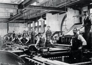 One of the largest single sources of maps worldwide, for both military and civilian uses, the Ordnance Survey of the UK pioneered many lithographic and offset printing methods. Pictured is the print floor in 1920.