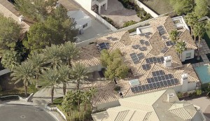 Using an oblique view obtained from aerial imagery (at two inches per pixel resolution), solar installers can determine  obstructions that cast shadows on parts of a roof. Credit: Pictometry.