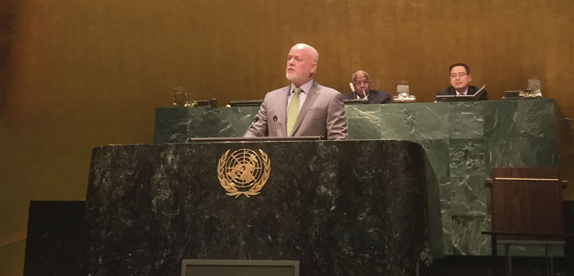 Ambassador Peter Thomson, Fiji’s permanent representative to the United Nations, presents to the General Assembly the resolution titled, “A global geodetic reference frame for sustainable development.”