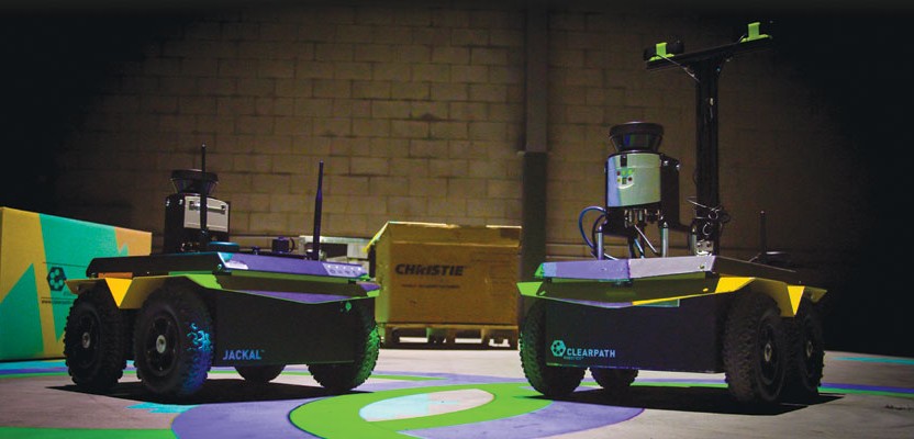 The geospatially aware Jackal robots are configured with different imaging and navigation systems depending on the needs of the autonomous application.