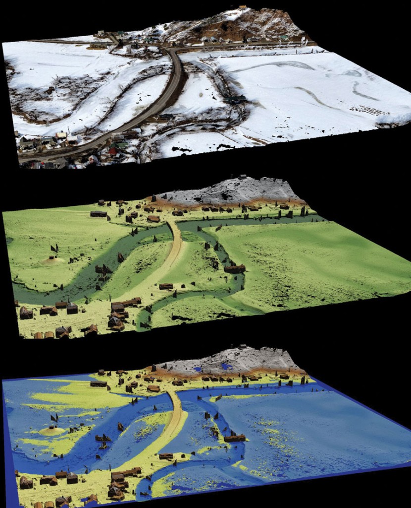 Top: 3D point cloud from an eBee flight on March 20, 2015 to monitor flooding for a U.S. Dept. of Transportation project. Middle: 3D terrain model generated from the point cloud. Bottom: Simulated flood conditions created using the terrain model and the software, Quick Terrain Modeler.