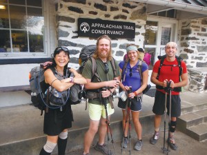 Thru-hikers pose at the ATC in Harpers Ferry, WV, known as the mid-point of the trail.