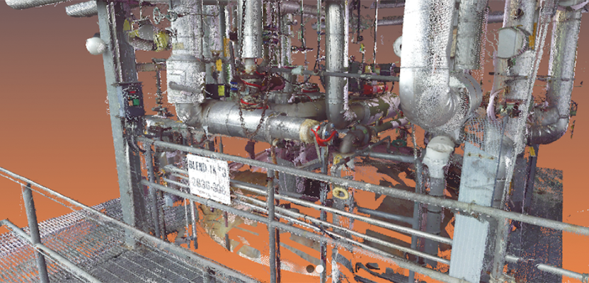 A 3D laser scan inside a facility, which will be processed into a BIM 3D model. Credit: 3CON, LLC