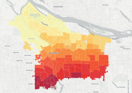 This choropleth map of the distribution of street trees by neighborhood in Porland, Oregon, was created in CartoDB in eight minutes, using public data.