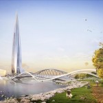 Lakhta Centre concept art with parkland, tower and bridge, russia