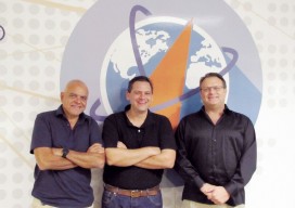 Interviewed during our visit to Hemisphere GNSS's headquarters, left to right: Jos Briceo, senior VP of business development; Rodrigo Leandro, senior director of engineering, and Randy Noland, VP, global sales and marketing.