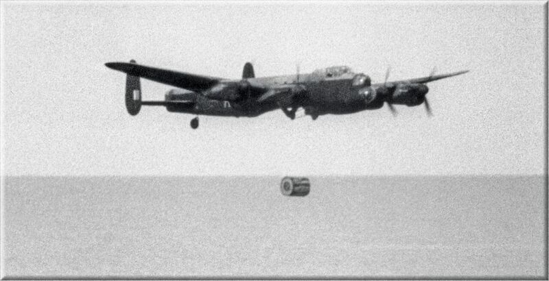 The Lancaster Bomber releases an Upkeep bouncing bomb.