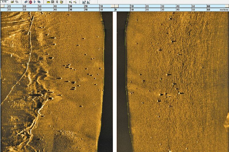 Sidescan sonar images of the Loch seabed reveal the bombs as tiny dots.
