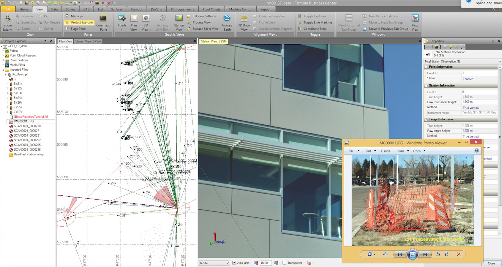 TBC A total station vector plot is combined with photos from the job site. In addition to quality control, new points can be measured later in the office from the georeferenced images.
