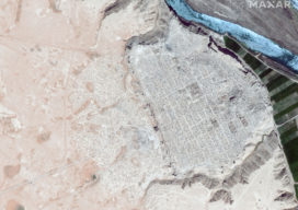 Satellite imagery of Dura Europos, Syria, an important archaeological site, shows the scale and extent of ISIS-led looting. The image (dark blue river) from April 2009 shows little impact compared to the image (light blue river) from April 2015 that shows pockmarked evidence of digging throughout the site.