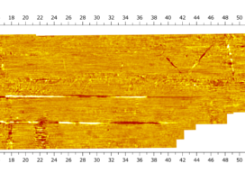Processed time slice with Condor, 34 inches below ground surface. Underground utilities present at that depth show up as linear features in the data.
