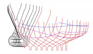 The 3D deliverable for the naval architect: the red lines are the  actual interior frames, blue is the deck line, pink is the keel, and black are cross sections every foot to show the shape.  The architect will use this drawing to design with, and because he has exact dimensions he will be able to save tens of thousands of dollars in steel alone by ordering sections to be pre-cut (as opposed to cutting on site and creating waste).