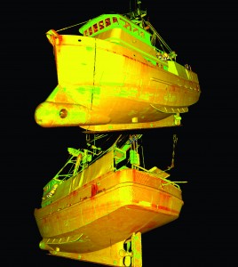 In this 3D point cloud, the colors represent reflectivity. Green and yellow are very reflective surfaces; orange and red are not so reflective.  