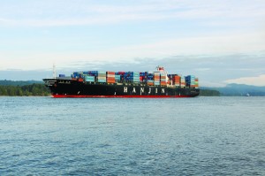 The Hanjin London cargo ship, capable of carrying about 67,000 metric tons, transits the Columbia River channel on its way to the Port of Portland, the fourth-largest port on the West Coast.