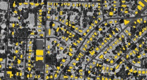 Resultant building outlines were overlaid on the lidar intensity; the building outlines have the detail and smoothness of photogrammetrically- derived features.