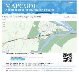 When searching for a street address on Mapcode’s interactive map, it returns a short alphanumeric code (here, 8WS.JQS for the headquarters for Harpers Ferry National Historic Park) and a QR code.