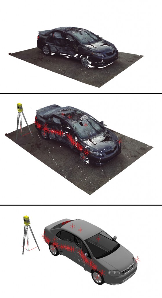 Using photographs of an actual car accident, a 3D digital reconstruction of the damaged vehicle, and the original car manufacturer specifications, forensics software (Visual Statement, in this case) determined the force and direction of the impact by analyzing deformation in the car structure.