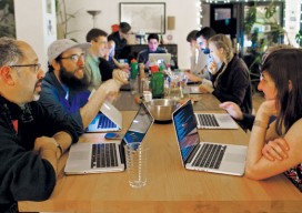Maptime co-founder Alan McConchie (back, left) teaches Tilemill 1 and 2 at a Maptime meetup at Stamen’s offices in 2014. Credit: Christie Hemms.