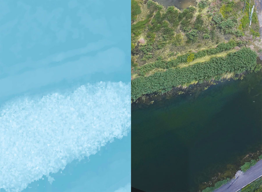 At right is an orthomosaic from UAV data at 5cm; at left is corresponding DSM at 25cm. The typical noisy signature of the waterbody in the DSM is clear; the difficulty comes from the mirror effect of the lake when seen from above. Thus the basic assumption behind autocorrelation—that an object will not differ significantly in appearance from one viewpoint to another—is not valid. 