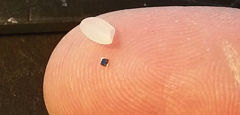 RFID tags take many forms. The inside of a tag shown above— designed to attach to metal infrastructure in harsh environments, such as water pipes and valves—has a thin copper “bow-tie” antenna with a minuscule chip in the middle. It’s shown contrasted with a grain of rice.