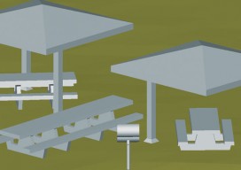 Isometric view of 3D model of centralized benches, barbeques, and gazebos at Prescott National Forest.
