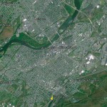 This Google Earth view of Wilkes-Barre, Pennsylvania, shows marks for the corners and standard parallels for the low-distortion projection.