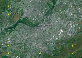 This Google Earth view of Wilkes-Barre, Pennsylvania, shows marks for the corners and standard parallels for the low-distortion projection.