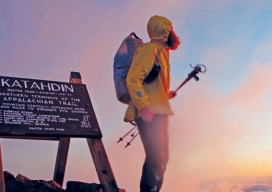 Left: A hiker stands above the clouds at the Appalachian Trail’s northern terminus: the summit of Katahdin in Baxter State Park, Maine. Courtesy of Jeffrey Stylos.