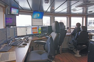 The survey lab on the Bibby Athena, where bathymetry data is being acquired by the full rate dual head Teledyne RESON multibeam echosounder, comprising two independent systems in each hull.