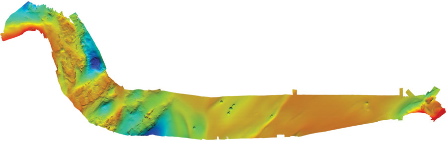 A bathymetric map of a cable route (with colors indicating water depth), produced using a Teledyne Reson 7125 SV2.