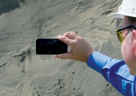 URC Ventures CEO David Boardman demonstrates a stockpile geometry capture. The ~3,000-cubic-yard pile was imaged in ~three minutes, using only his iPhone and two safety cones placed 25 feet apart to establish scale.