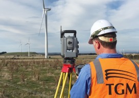 Senior surveyor Nathan Farrell tasks the Trimble S8 and TSC3 controller at the Mt Mercer Wind Farm. TGM was able to provide all survey tasks with a one-person crew.