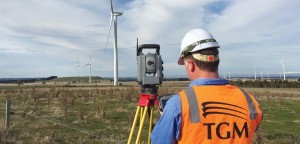 Senior surveyor Nathan Farrell tasks the Trimble S8 and TSC3 controller at the Mt Mercer Wind Farm. TGM was able to provide all survey tasks with a one-person crew.