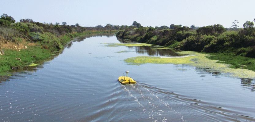 Z-Boat 1800 on a riverine hydrographic survey utilizing side scan sonar.