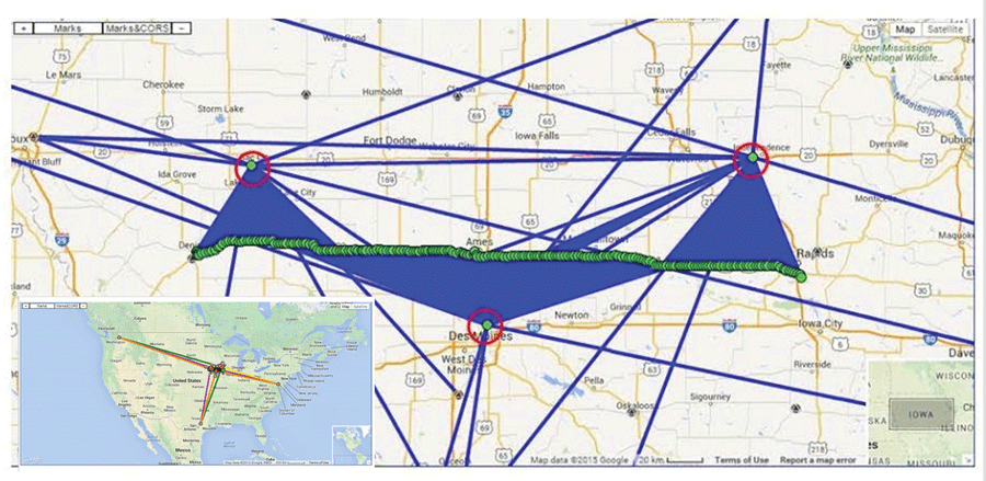 Figure 1: OPUS Projects screen capture showing the final network   adjustment; the inset shows the connections to distant    Continuously Operation Reference Stations (CORS).