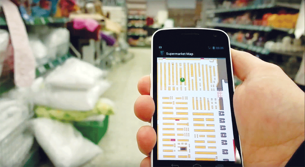  IndoorAtlas’ mobile app tracks the user’s position inside a supermarket.