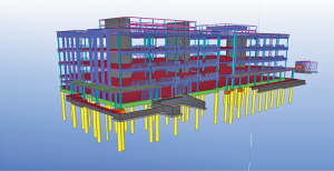 This pre-construction model of the new Trimble facility shows above- and below-ground structural elements.