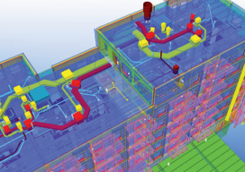 A 3D model combines building structure, systems, and site data.
