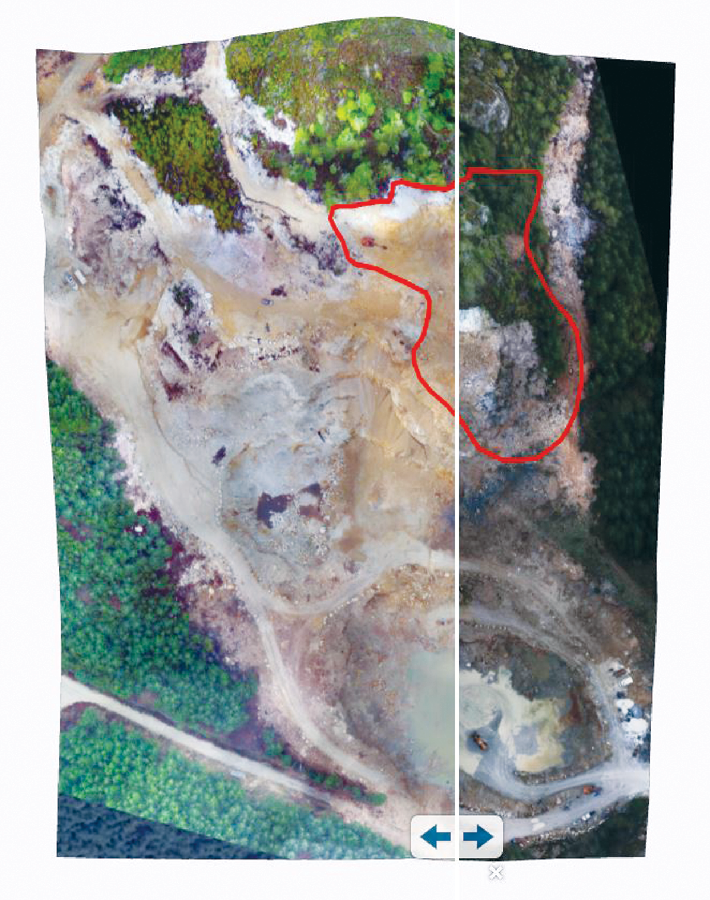 Open-pit  mine aerial  imagery collected with  the Sky- Ranger; note slider bar tool on bottom allowing users to compare visual data over time.