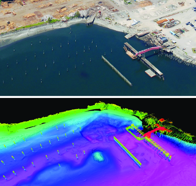 Oblique aerial view of the Port Gamble Bay Mill Site, targeted for environmental cleanup with removal of shoreline and in-water structures, pilings, and submerged debris. (Bottom): CMAPÕs combined boat-based lidar and multibeam survey of the same area.