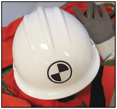 The symbol on this hardhat is the type of image that could become the universal symbol of surveying. The scan code links to an example landing page about surveying.