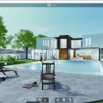 simulated landscape with architecture, modern home and pool by lake