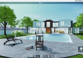 simulated landscape with architecture, modern home and pool by lake