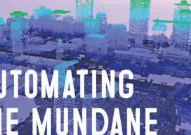 Automating the mundane banner, purple digital cityscape disintegrating