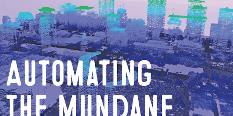 Automating the mundane banner, purple digital cityscape disintegrating