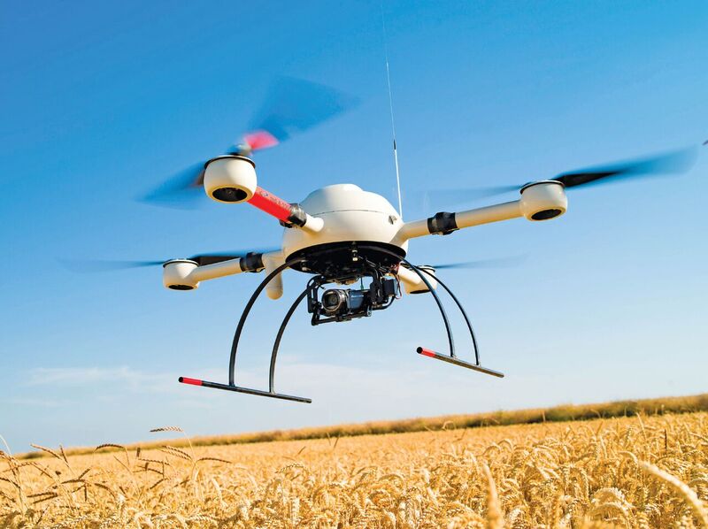 drone in flight over corn