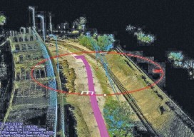 Using a mobile mapping system, Construction CAD Solutions can generate high-accuracy point cloud data--in multiple views, as shown above and at left--to assist in its utility design function.