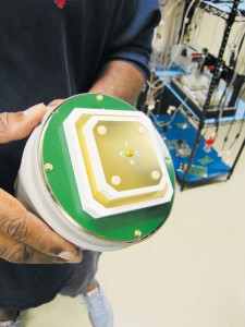 Hemisphere GNSS engineers showed us the inner workings of their ceramic patch antennas and testing stations in the lab.